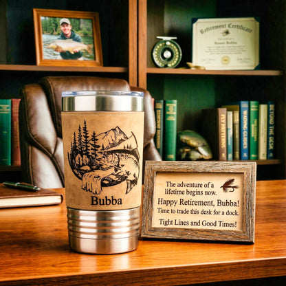 Retirement Gift for Fisherman, Personalized Fishing Tumbler for Him, Custom Retiree Cup, Rustic Outdoorsman Gift