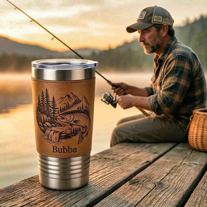 Custom Name Fishing Tumbler for Men, Personalized Outdoorsman Cup, Rustic Mountain Fish Gift, Fisherman Travel Mug