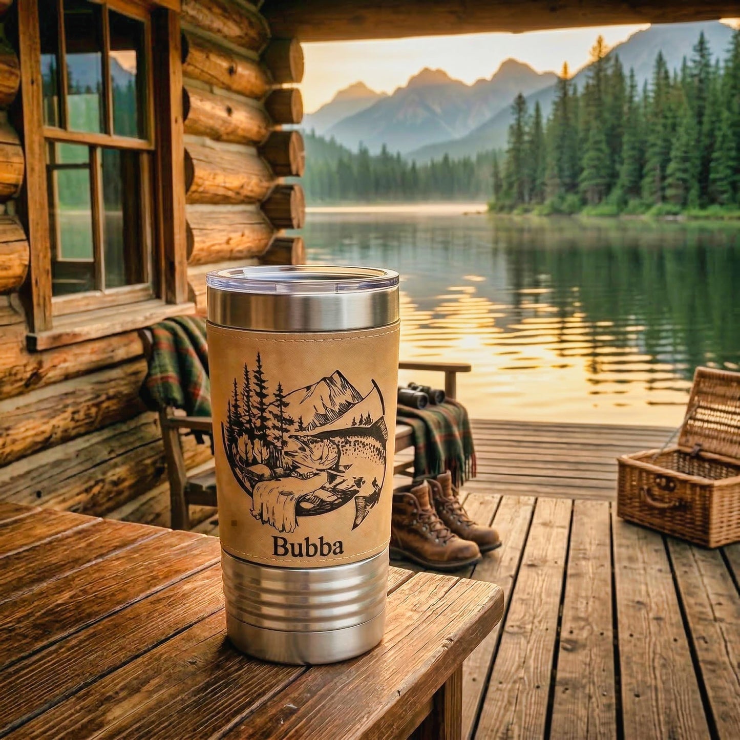 Rustic Outdoorsman Tumbler, Personalized Fishing Cup for Men, Mountain Cabin Fisherman Gift, Custom Name Travel Mug