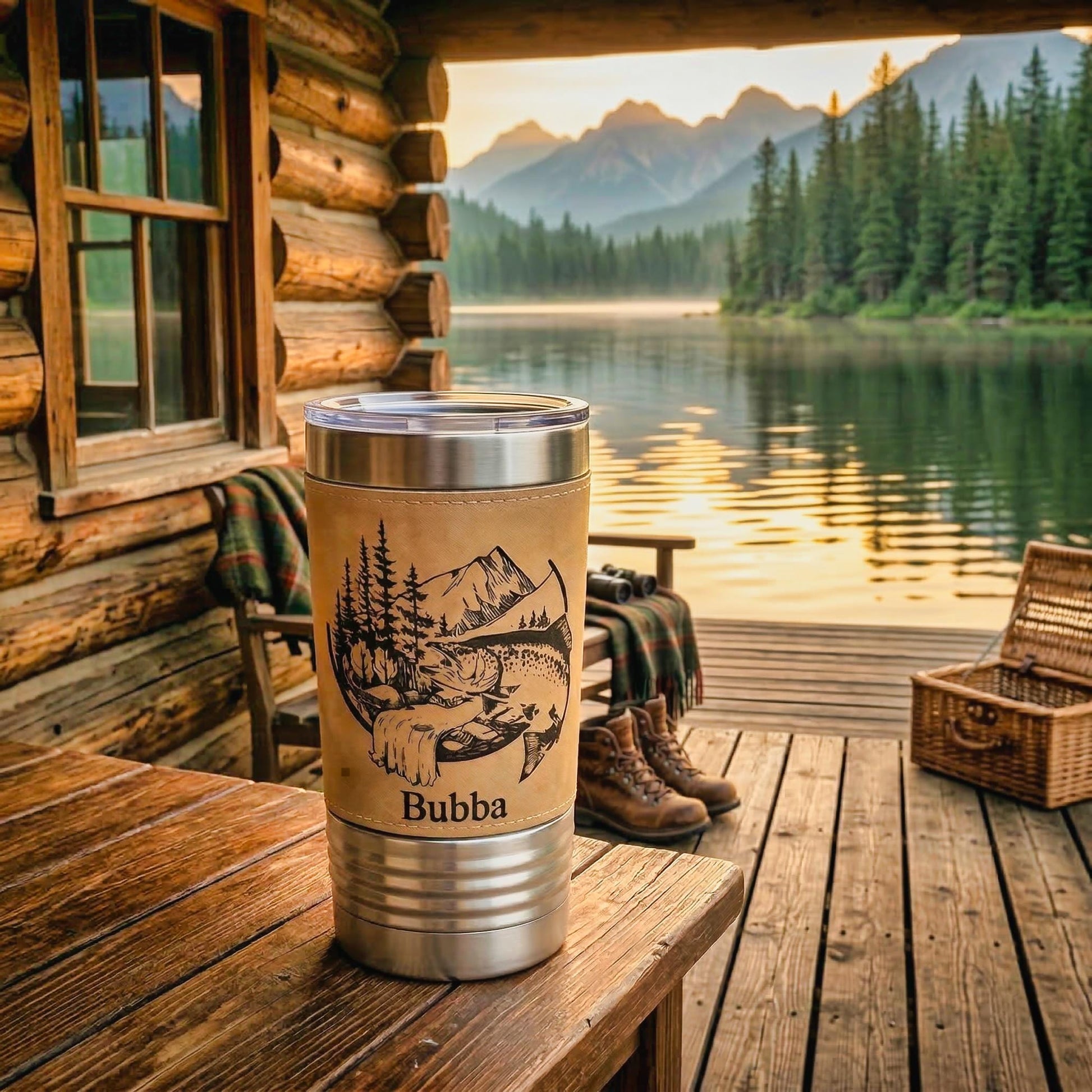 Rustic Outdoorsman Tumbler, Personalized Fishing Cup for Men, Mountain Cabin Fisherman Gift, Custom Name Travel Mug