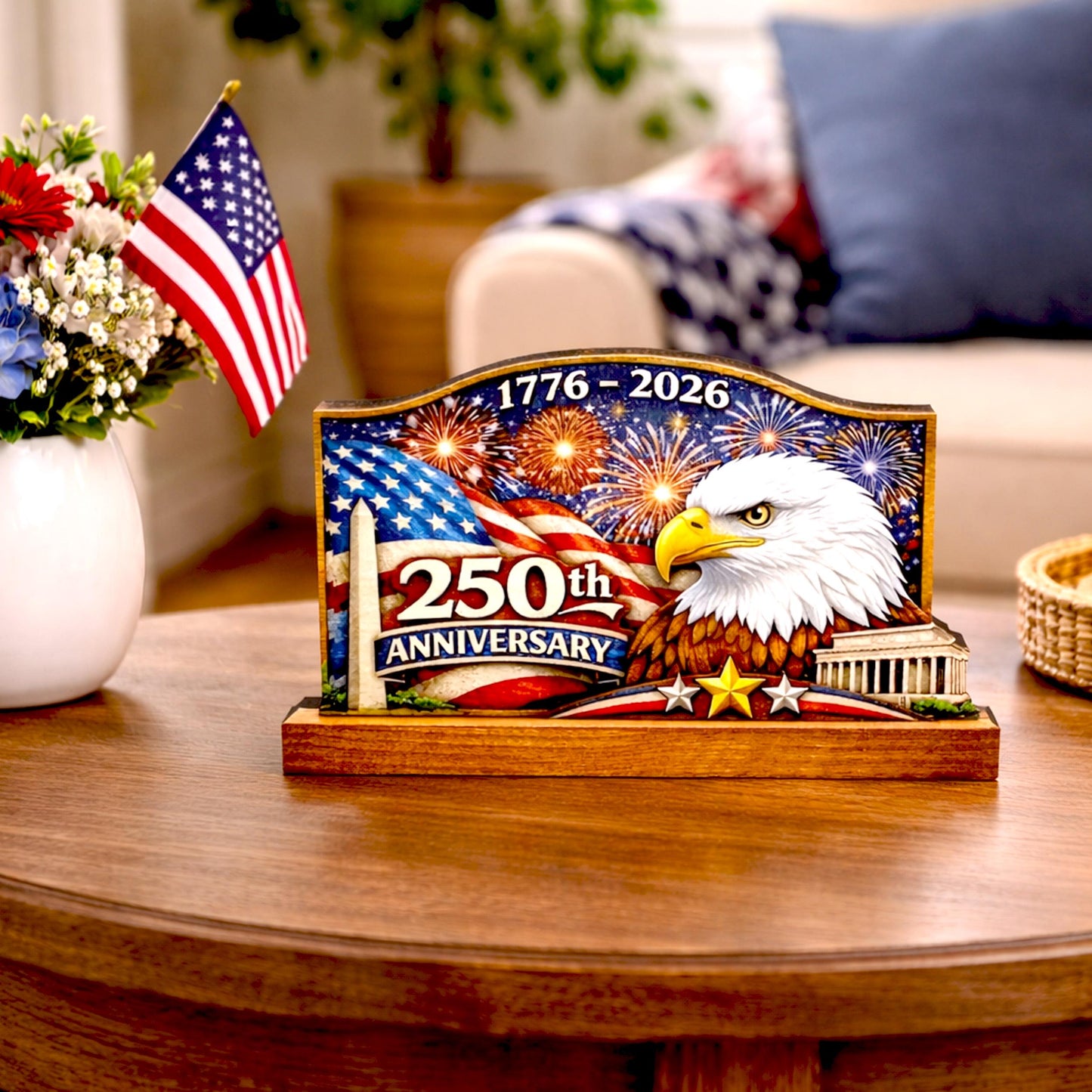 Personalized Patriotic Shelf Sitter, 250th Anniversary Decor, American Eagle Flag Decor, 1776-2026 USA Tabletop Decoration