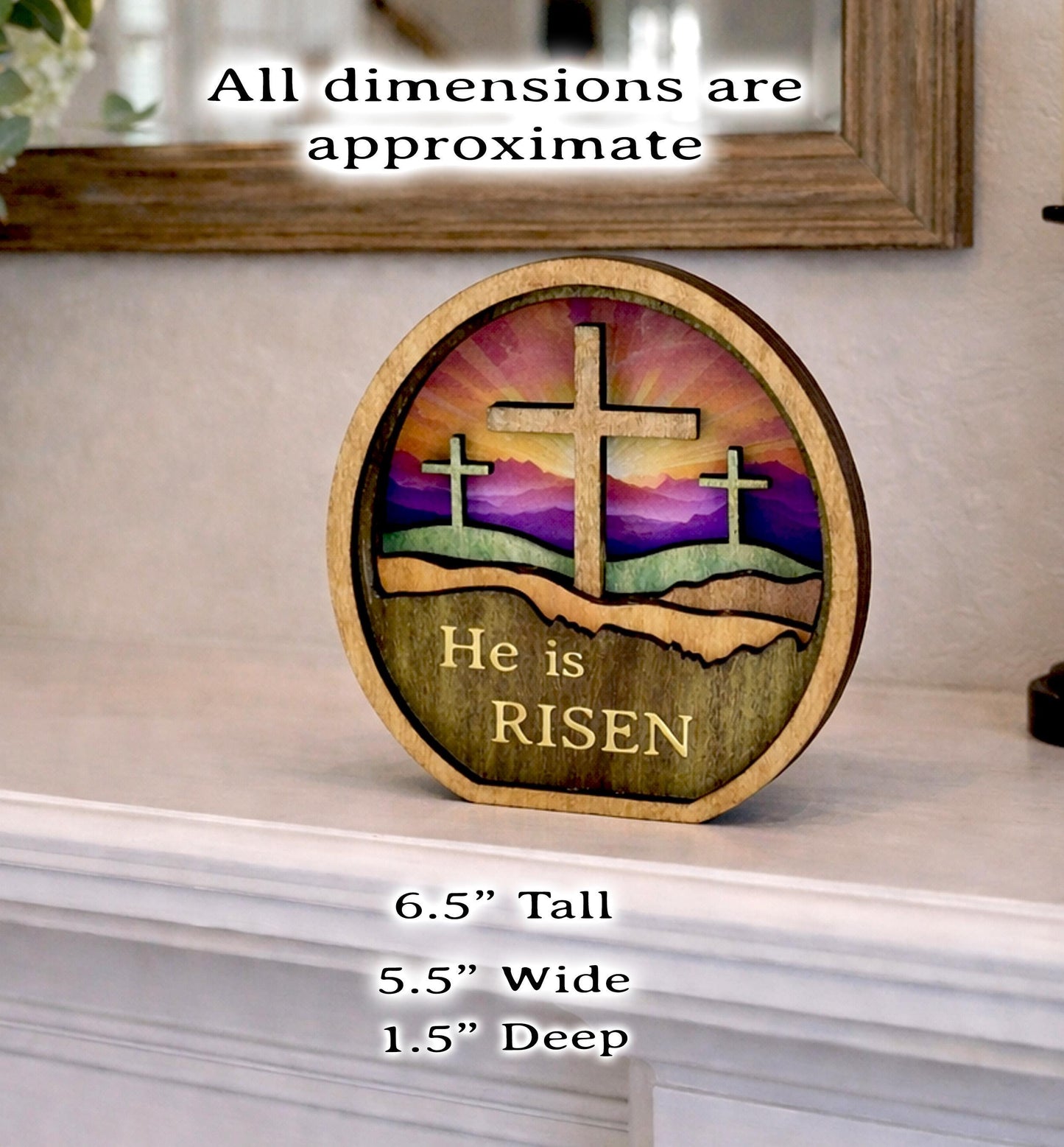 Personalized He Is Risen Easter Shelf Sitter, Christian Decor, Layered Wood Resurrection Sign, Religious Spring Tabletop Decor