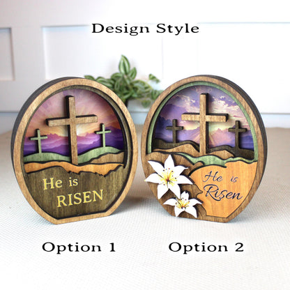 Personalized He Is Risen Easter Shelf Sitter, Christian Decor, Layered Wood Resurrection Sign, Religious Spring Tabletop Decor