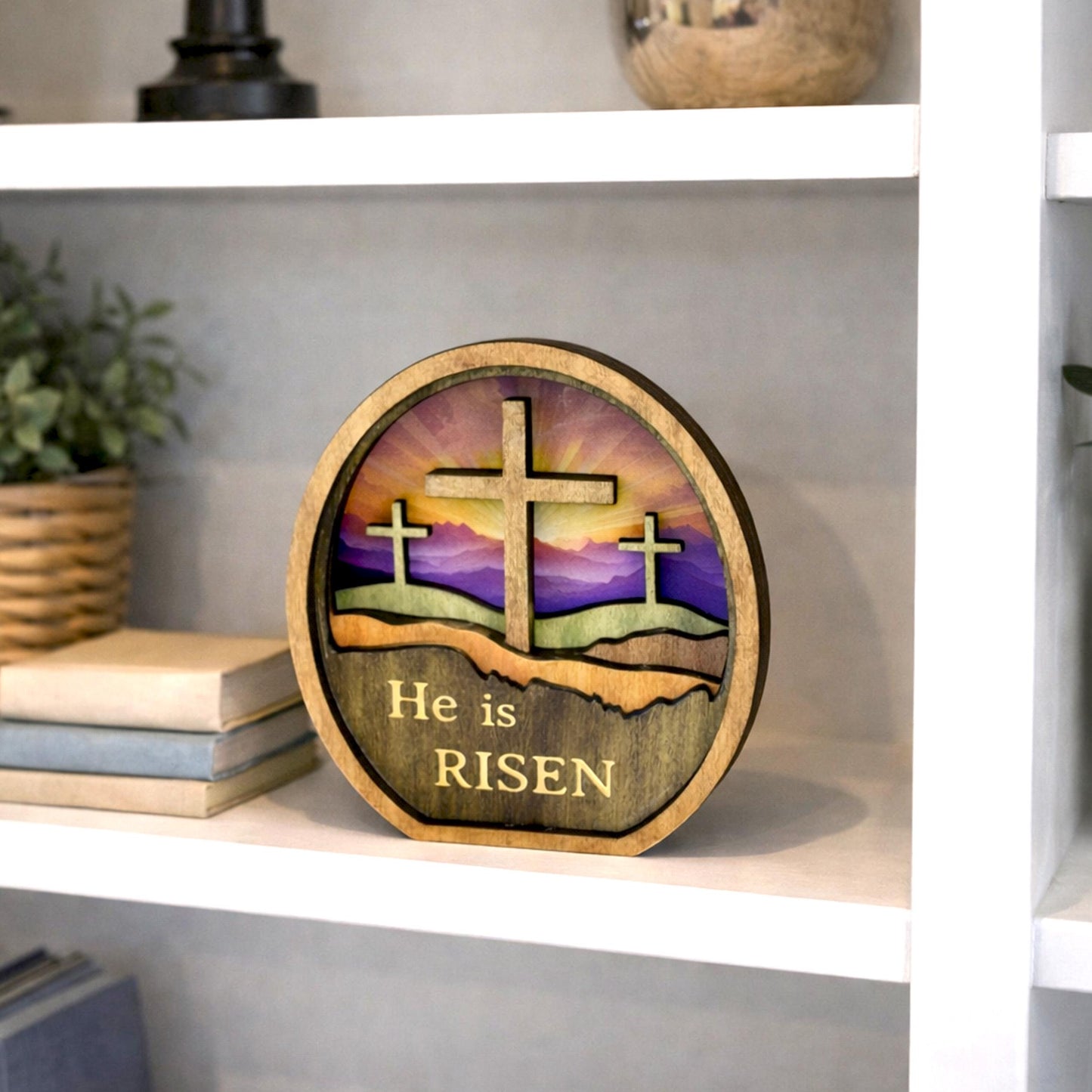 Personalized He Is Risen Easter Shelf Sitter, Christian Decor, Layered Wood Resurrection Sign, Religious Spring Tabletop Decor