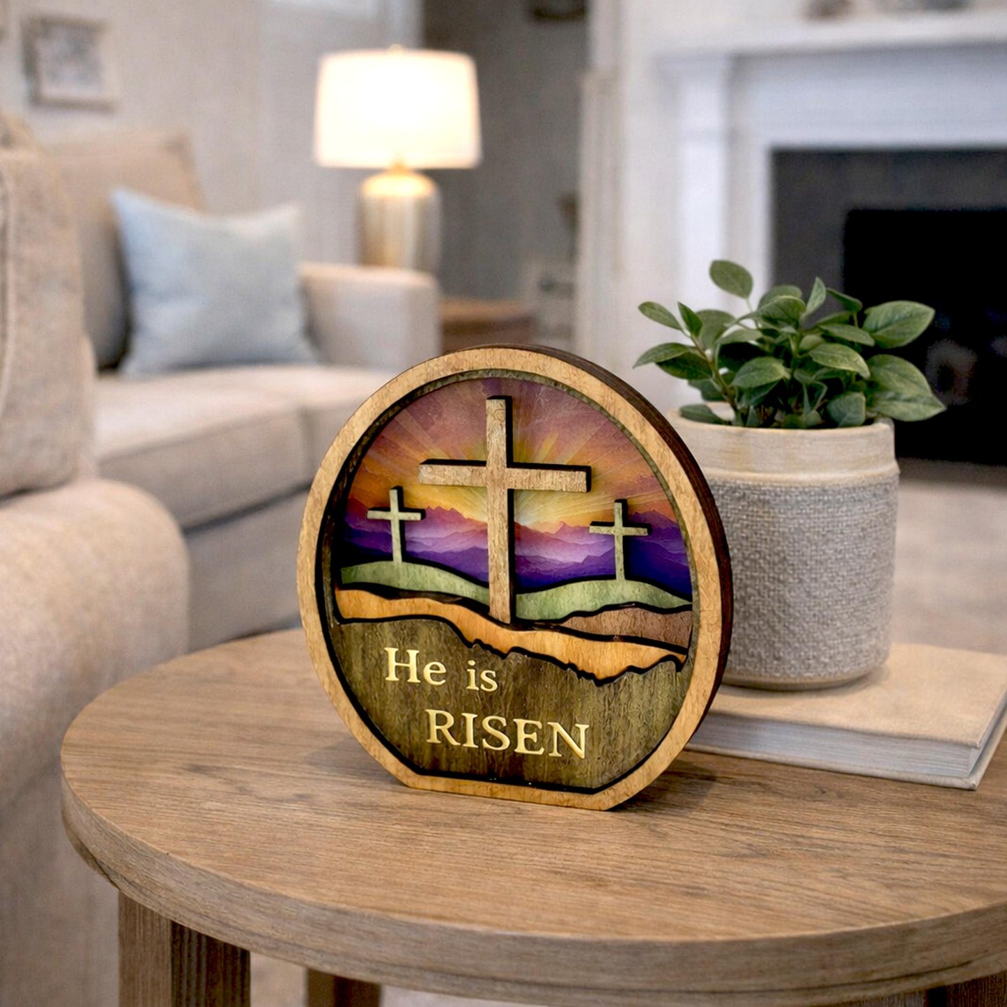 Personalized He Is Risen Easter Shelf Sitter, Christian Decor, Layered Wood Resurrection Sign, Religious Spring Tabletop Decor