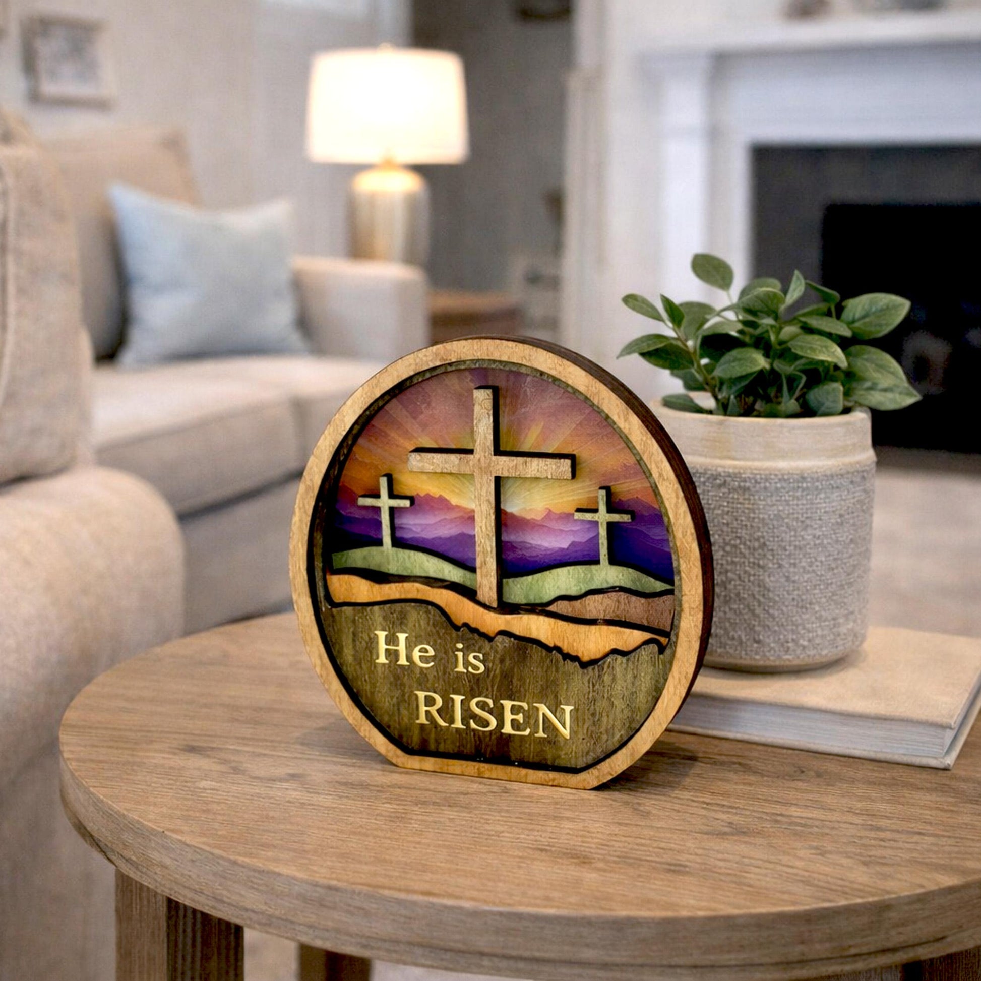 Personalized He Is Risen Easter Shelf Sitter, Christian Decor, Layered Wood Resurrection Sign, Religious Spring Tabletop Decor