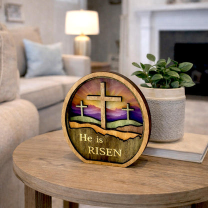 Personalized He Is Risen Easter Shelf Sitter, Christian Decor, Layered Wood Resurrection Sign, Religious Spring Tabletop Decor