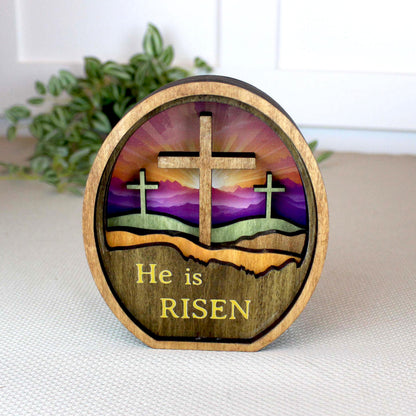 Personalized He Is Risen Easter Shelf Sitter, Christian Decor, Layered Wood Resurrection Sign, Religious Spring Tabletop Decor