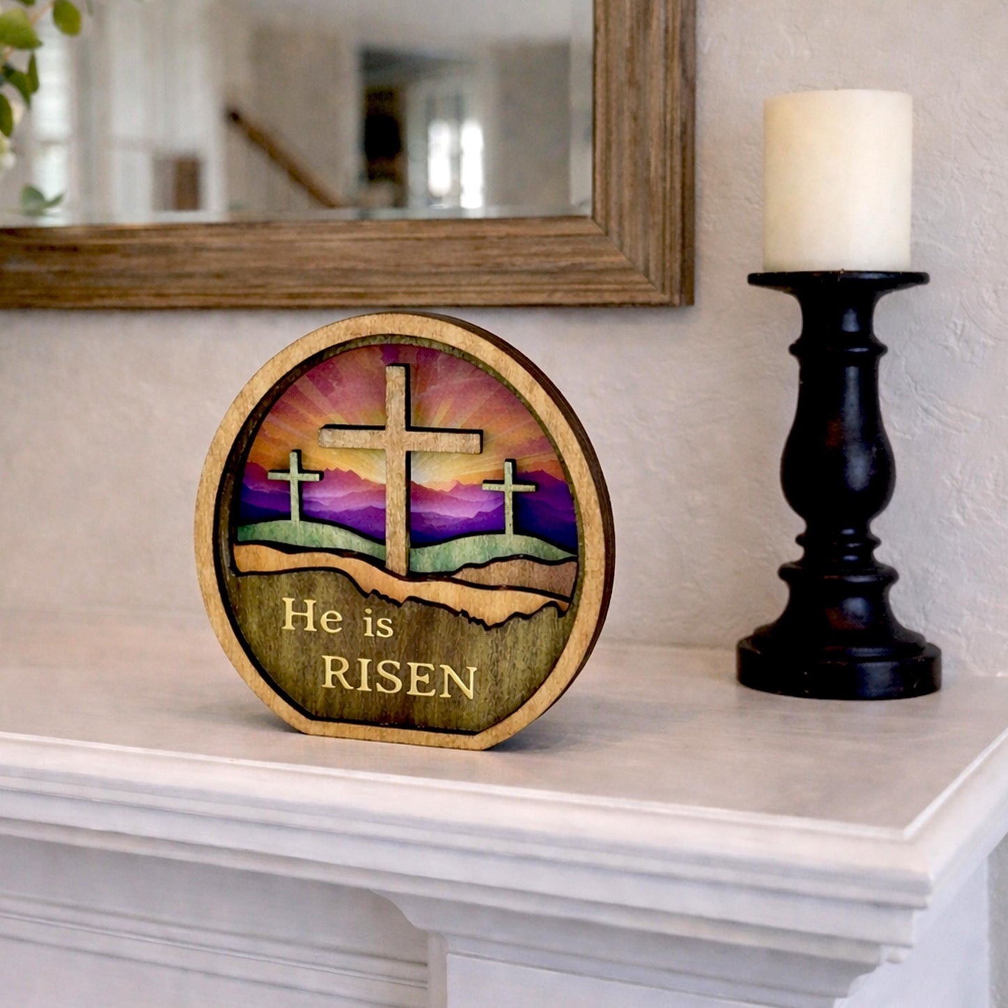 Personalized He Is Risen Easter Shelf Sitter, Christian Decor, Layered Wood Resurrection Sign, Religious Spring Tabletop Decor