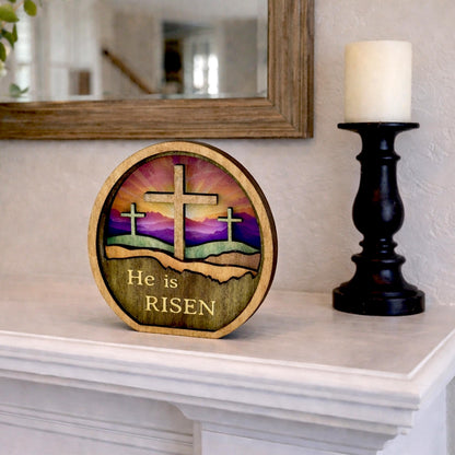 Personalized He Is Risen Easter Shelf Sitter, Christian Decor, Layered Wood Resurrection Sign, Religious Spring Tabletop Decor