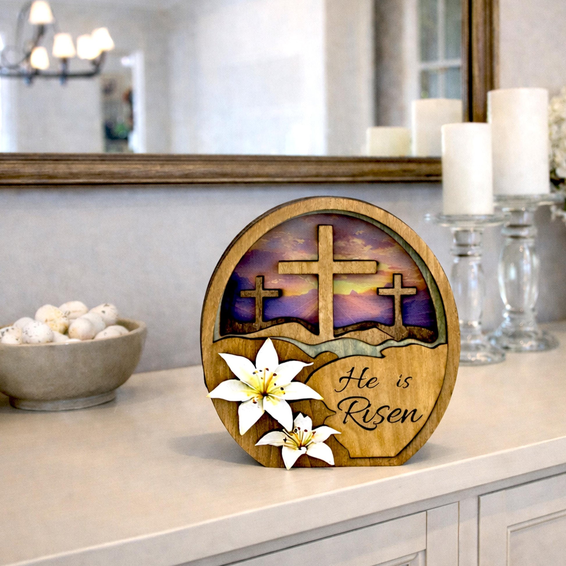 He Is Risen Easter Shelf Sitter – Multi-Layer Cross Scene with Easter Lilies, Personalized Mantel Decor