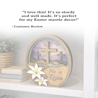 He Is Risen Easter Shelf Sitter – Multi-Layer Cross Scene with Easter Lilies, Personalized Mantel Decor