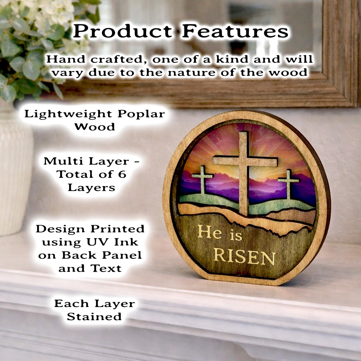 Personalized He Is Risen Easter Shelf Sitter, Christian Decor, Layered Wood Resurrection Sign, Religious Spring Tabletop Decor