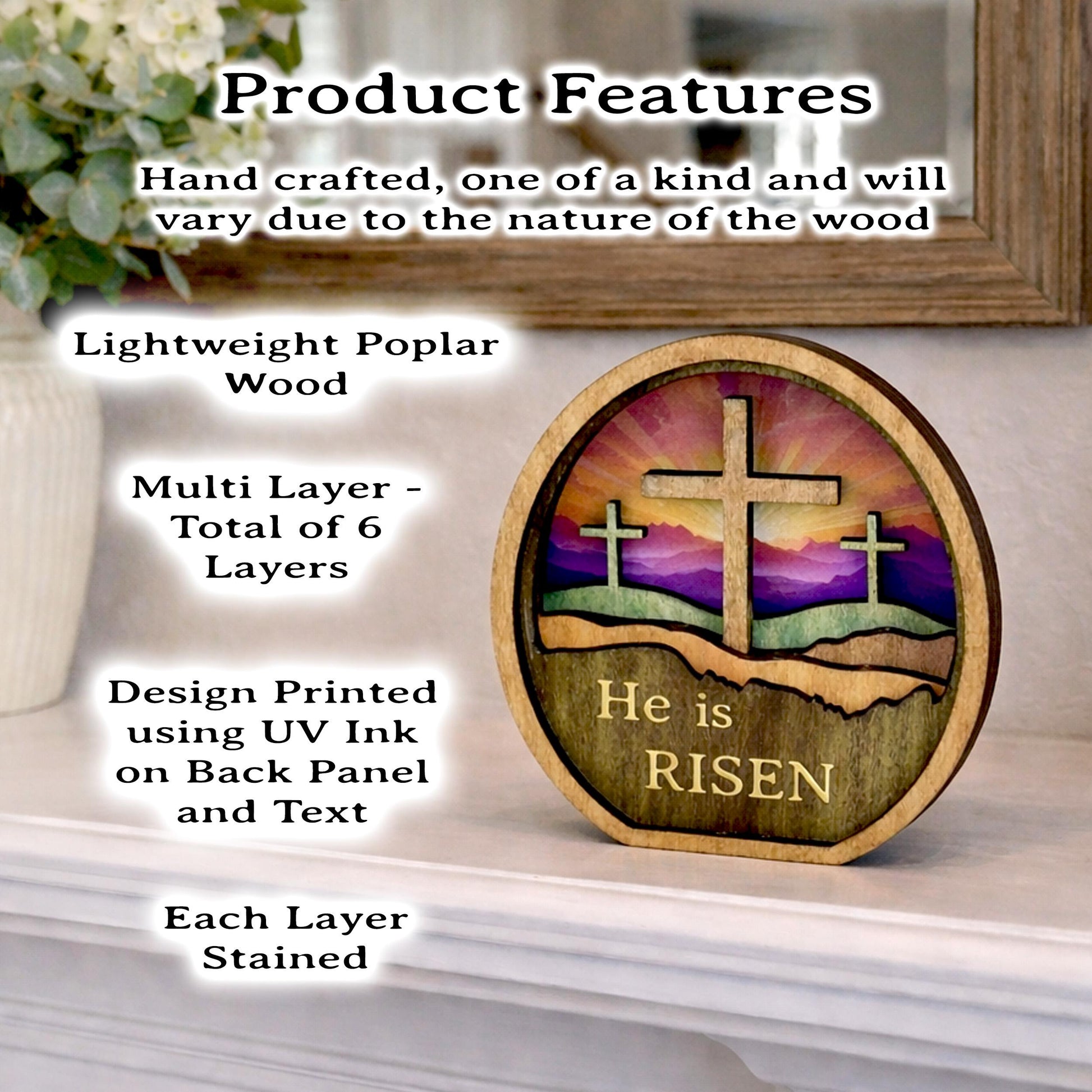 Personalized He Is Risen Easter Shelf Sitter, Christian Decor, Layered Wood Resurrection Sign, Religious Spring Tabletop Decor