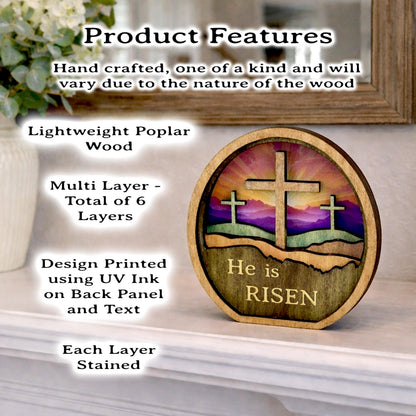 Personalized He Is Risen Easter Shelf Sitter, Christian Decor, Layered Wood Resurrection Sign, Religious Spring Tabletop Decor
