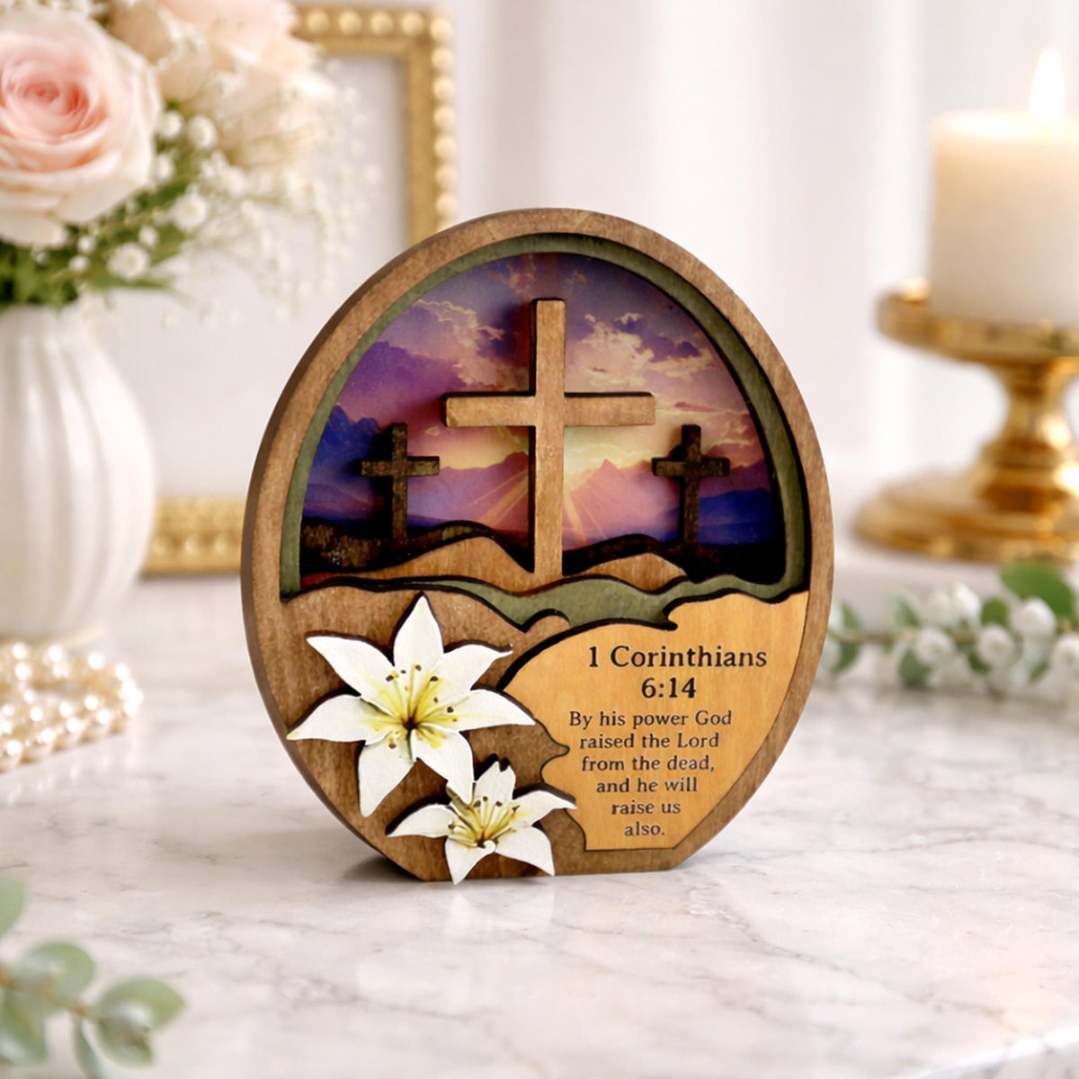 He Is Risen Easter Shelf Sitter – Multi-Layer Cross Scene with Easter Lilies, Personalized Mantel Decor