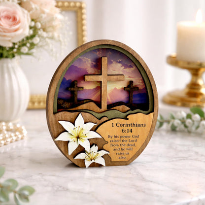 He Is Risen Easter Shelf Sitter – Multi-Layer Cross Scene with Easter Lilies, Personalized Mantel Decor