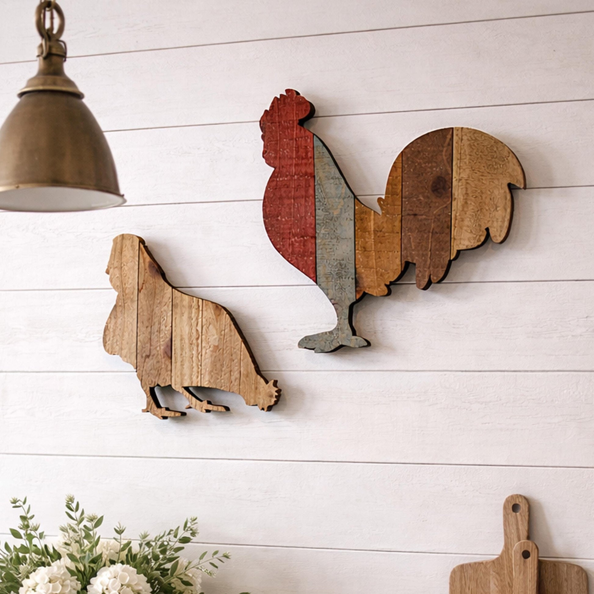 Pallet art Chicken and Rooster Wall Art, Farmhouse Chicken Decor, Rustic Wooden Hen and Rooster Wall Hanging