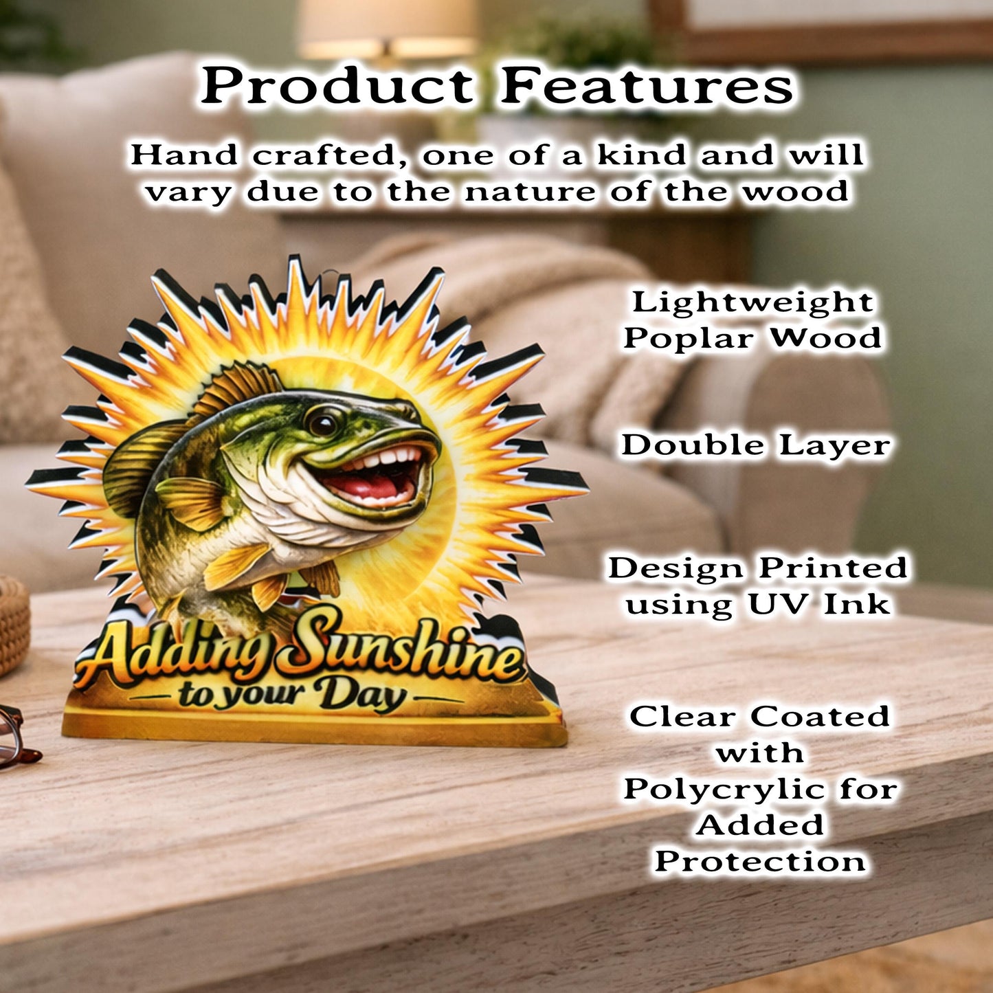 Personalized Fish Shelf Sitter, Fishing Gift Decor, Adding Sunshine to Your Day Sign, Layered Wood Tabletop Decor