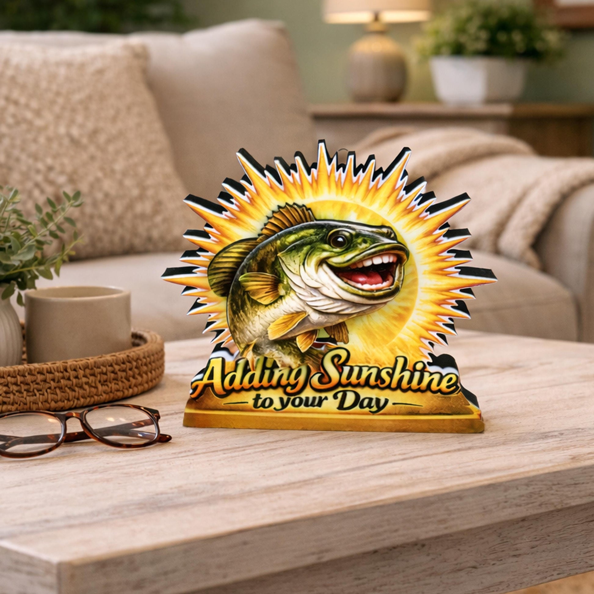 Personalized Fish Shelf Sitter, Fishing Gift Decor, Adding Sunshine to Your Day Sign, Layered Wood Tabletop Decor
