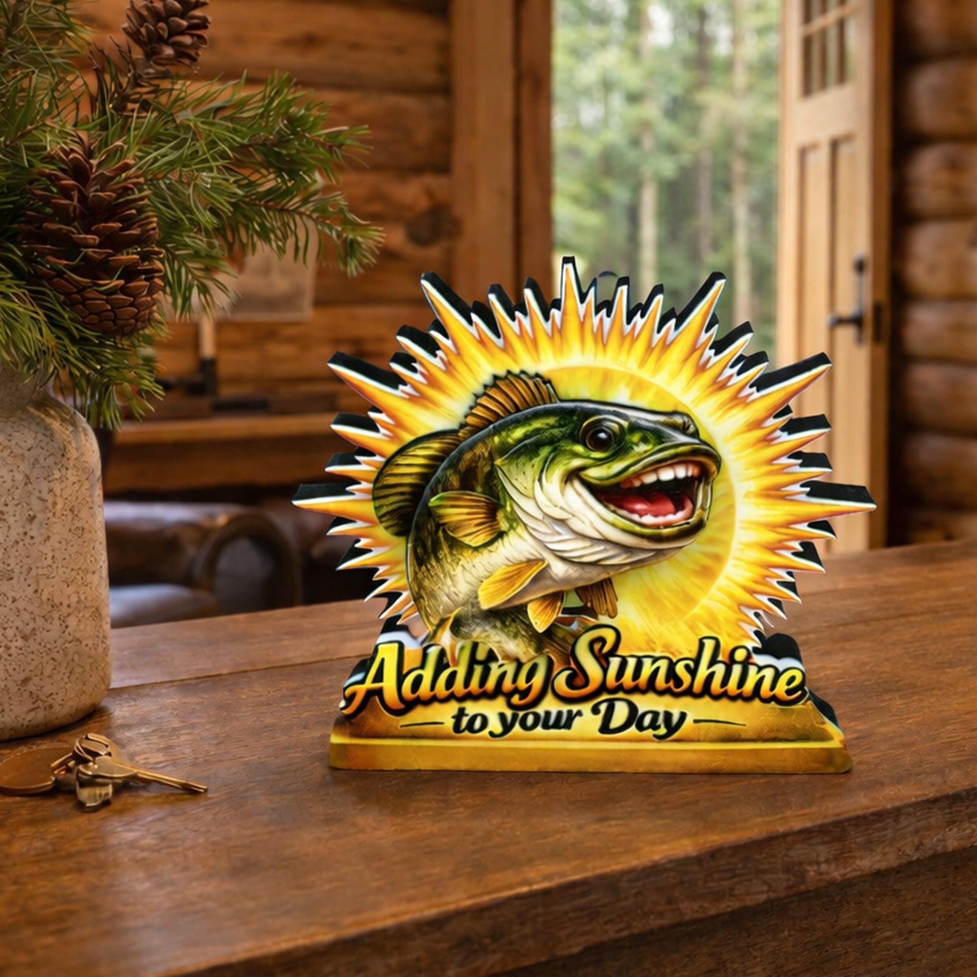 Personalized Fish Shelf Sitter, Fishing Gift Decor, Adding Sunshine to Your Day Sign, Layered Wood Tabletop Decor