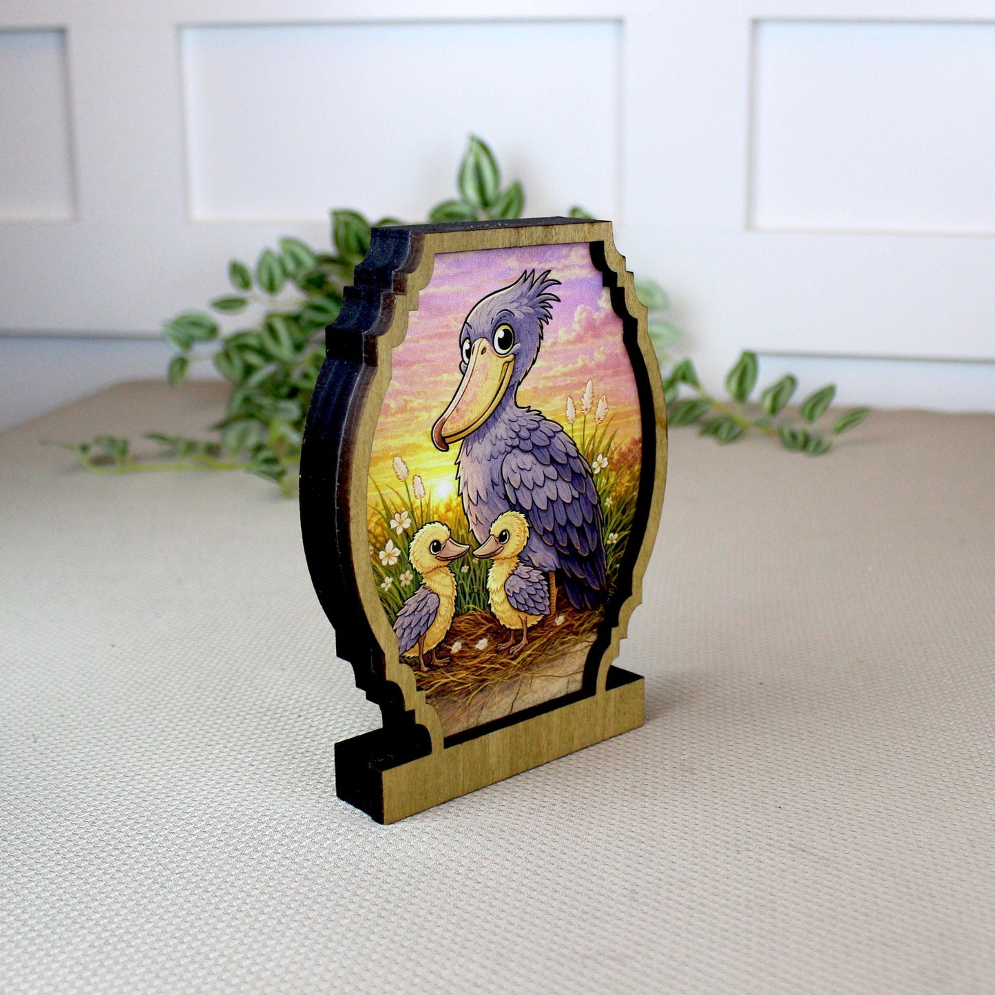 Personalized Shoebill Stork Shelf Sitter, Bird Mom Decor, Woodland Nursery Gift, Color Sketch Tabletop Sign, Nature Lover Keepsake