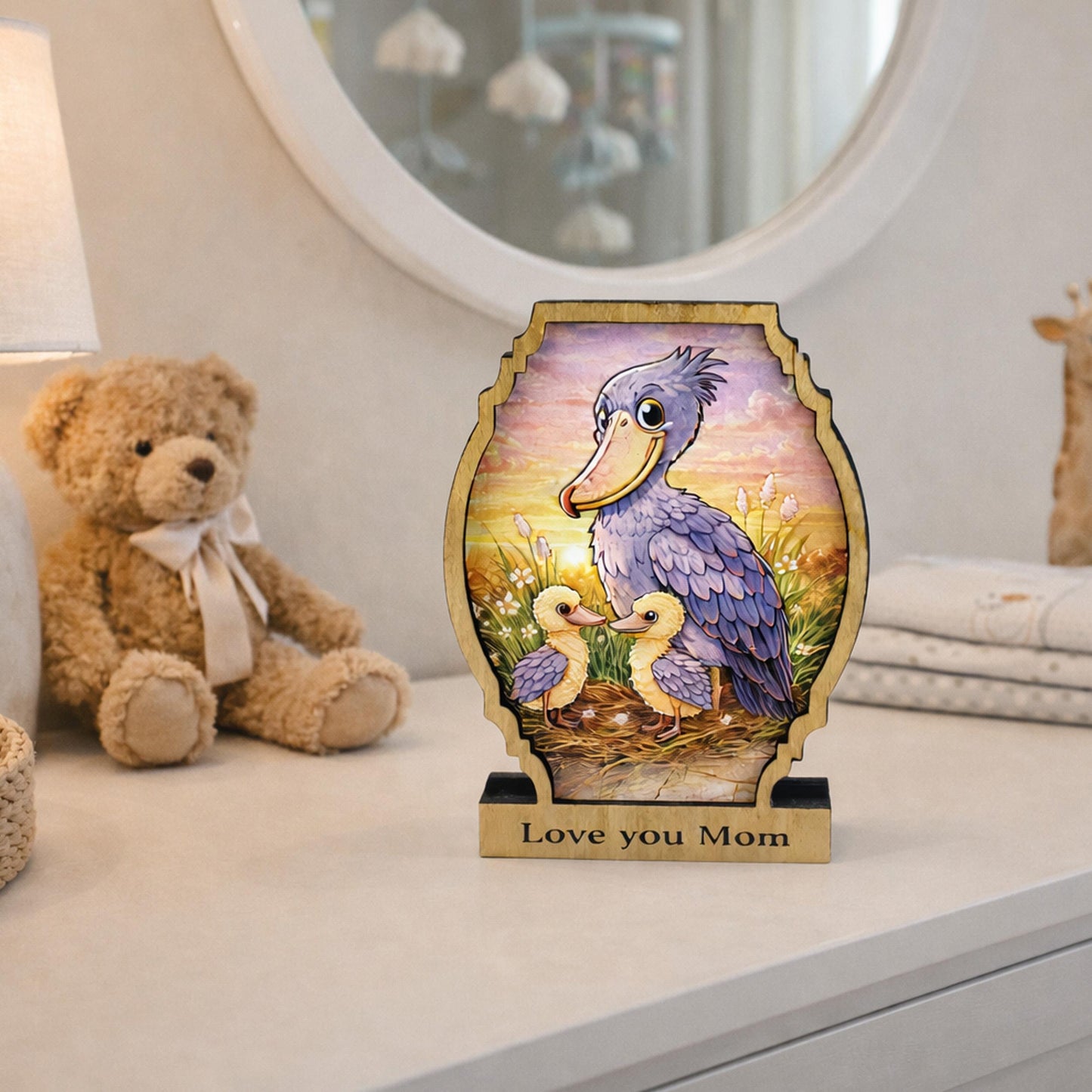 Personalized Shoebill Stork Shelf Sitter, Bird Mom Decor, Woodland Nursery Gift, Color Sketch Tabletop Sign, Nature Lover Keepsake