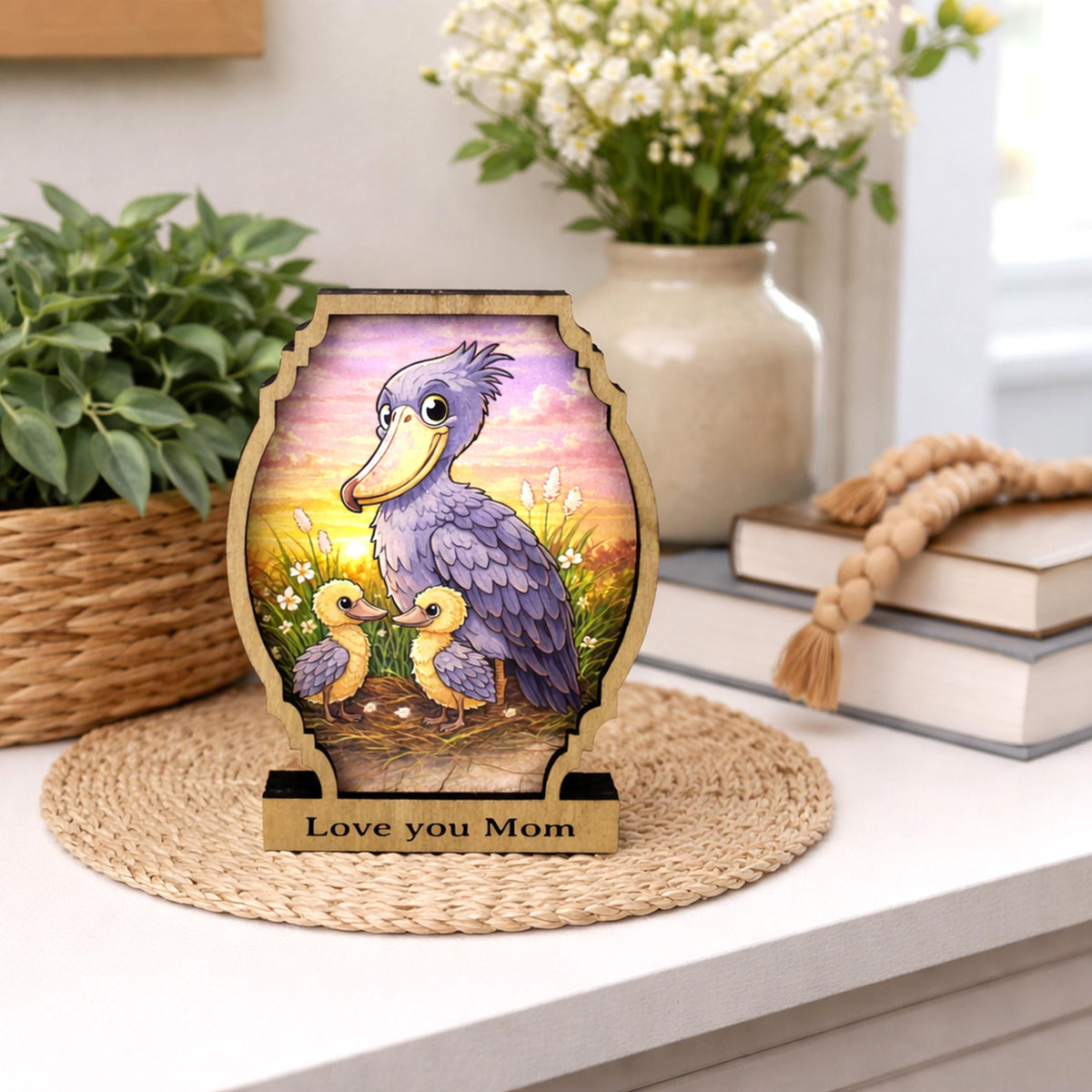 Personalized Shoebill Stork Shelf Sitter, Bird Mom Decor, Woodland Nursery Gift, Color Sketch Tabletop Sign, Nature Lover Keepsake