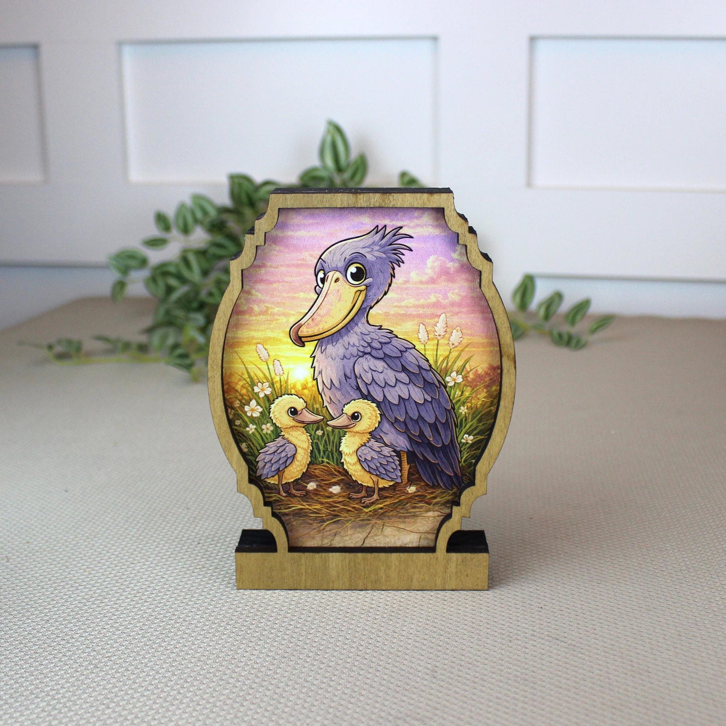 Personalized Shoebill Stork Shelf Sitter, Bird Mom Decor, Woodland Nursery Gift, Color Sketch Tabletop Sign, Nature Lover Keepsake