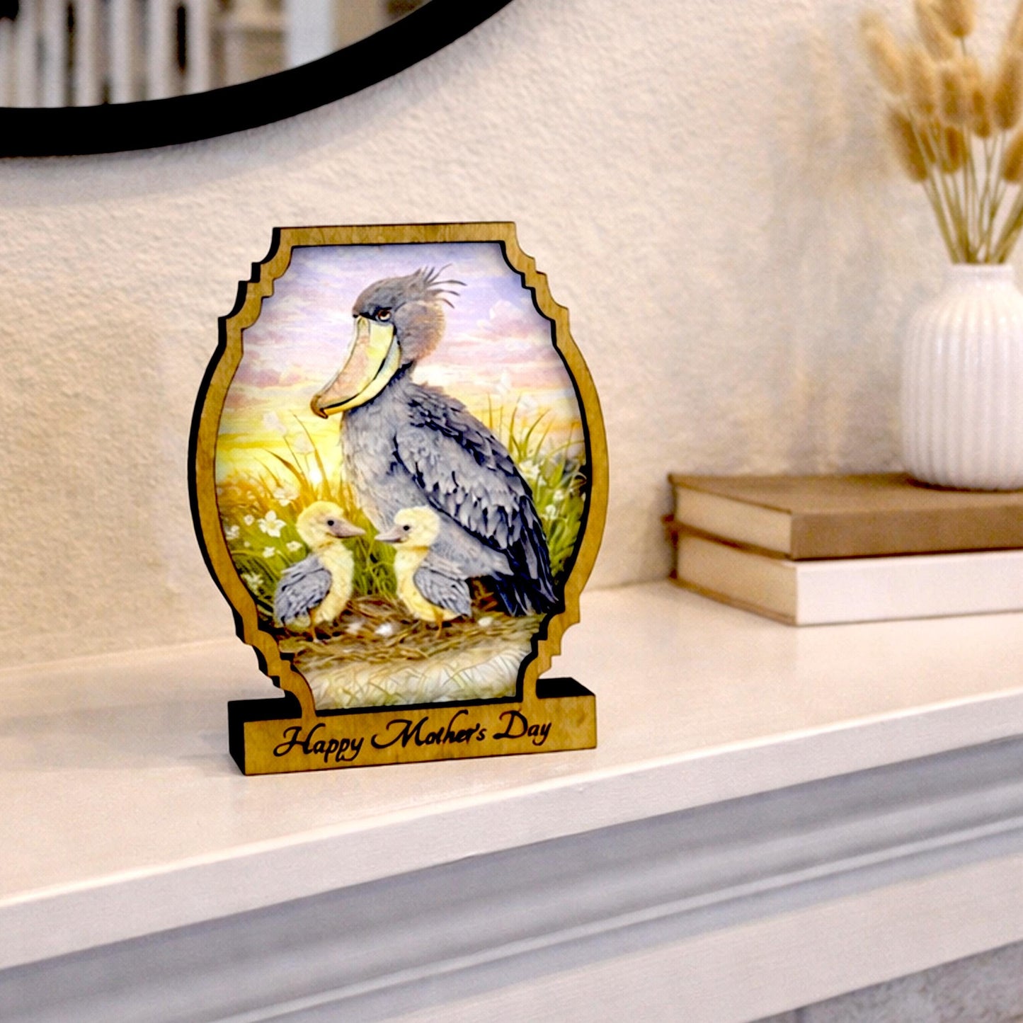 Personalized Shoebill Stork Mother’s Day Shelf Sitter, Bird Mom Gift, Painted Bird Table Decor, Nature Lover Keepsake