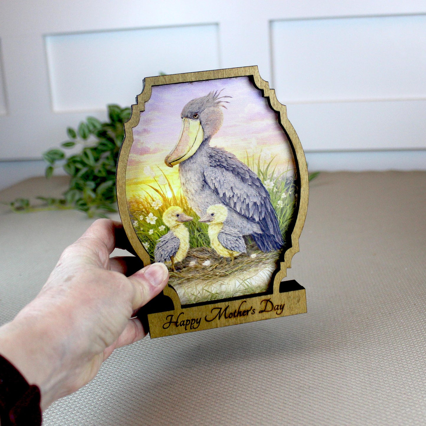 Personalized Shoebill Stork Mother’s Day Shelf Sitter, Bird Mom Gift, Painted Bird Table Decor, Nature Lover Keepsake