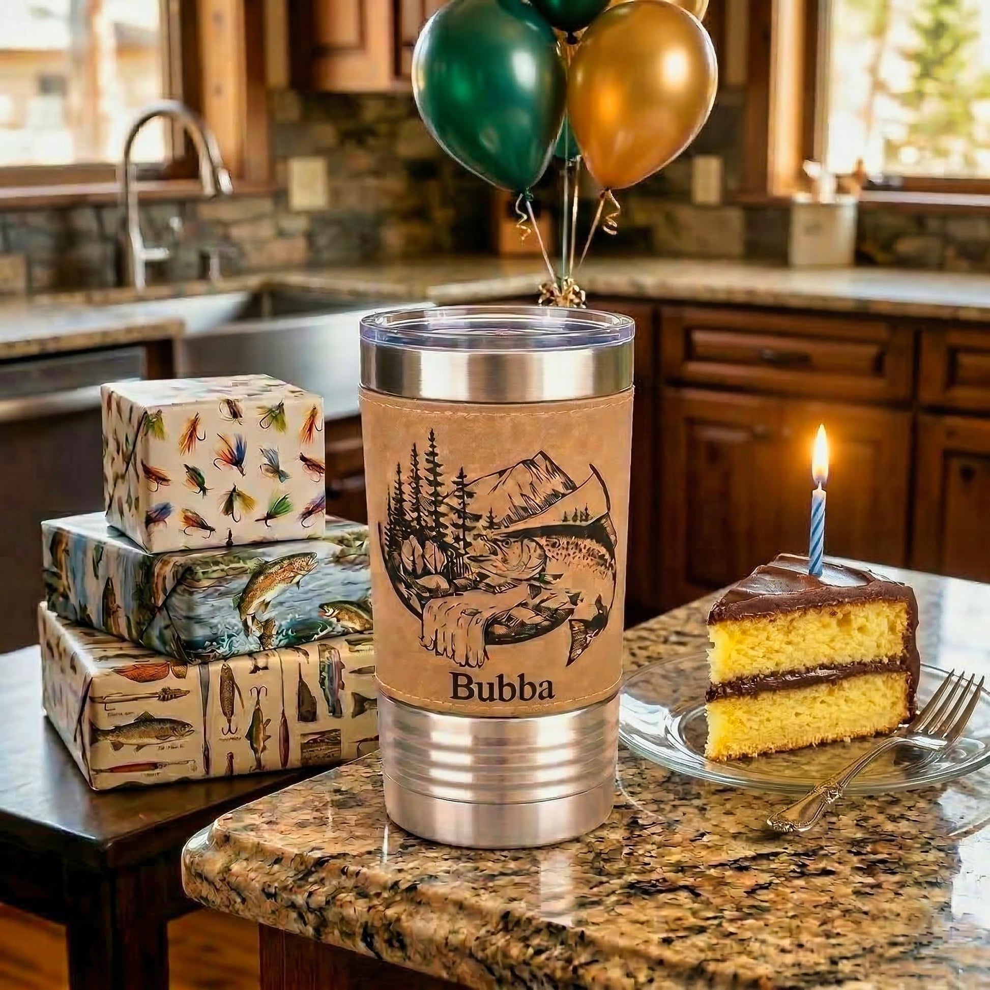 Birthday Gift for Fisherman, Personalized Fishing Tumbler for Him, Custom Name Angler Cup, Rustic Outdoor Gift