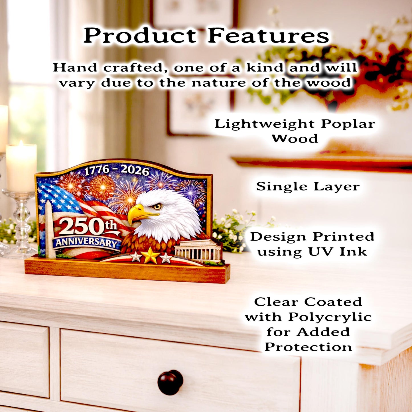 Personalized Patriotic Shelf Sitter, 250th Anniversary Decor, American Eagle Flag Decor, 1776-2026 USA Tabletop Decoration