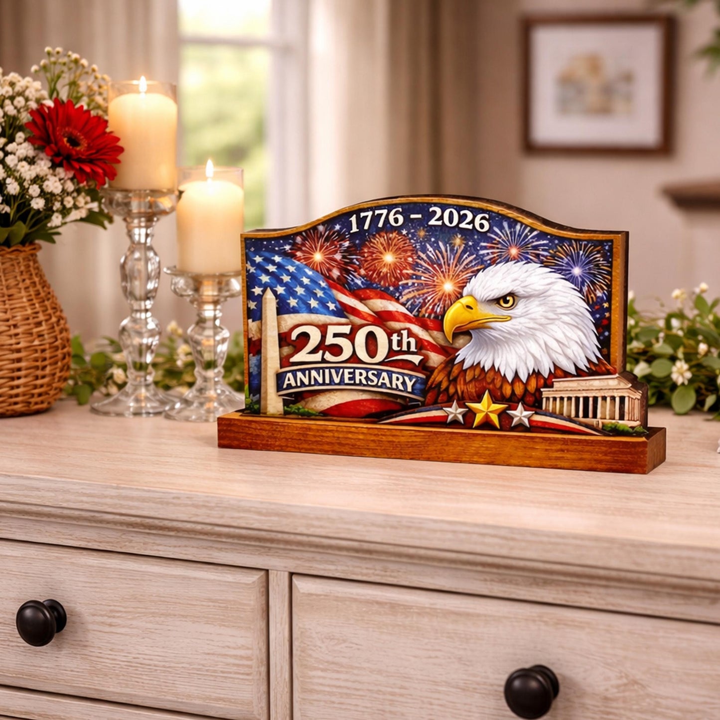 Personalized Patriotic Shelf Sitter, 250th Anniversary Decor, American Eagle Flag Decor, 1776-2026 USA Tabletop Decoration