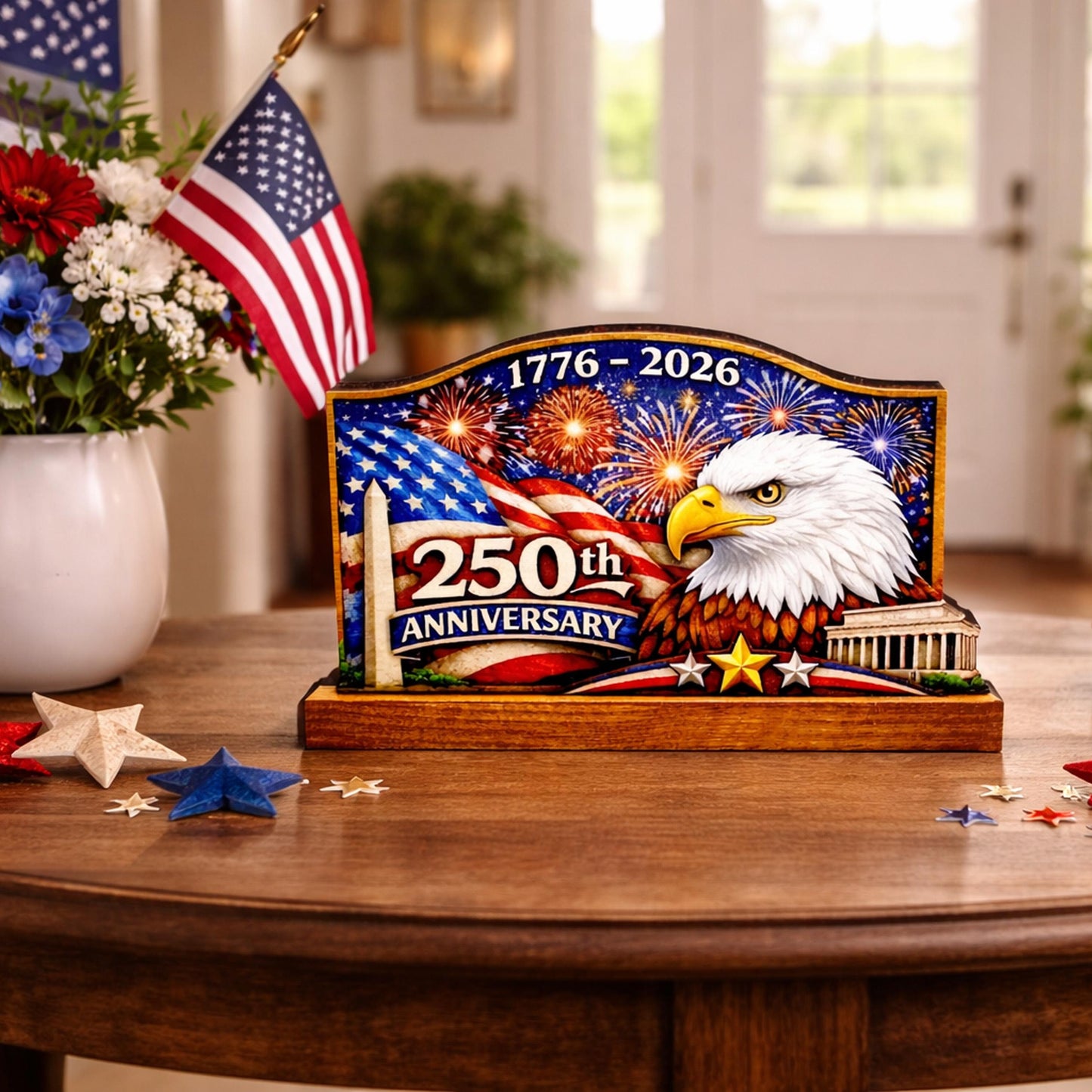 Personalized Patriotic Shelf Sitter, 250th Anniversary Decor, American Eagle Flag Decor, 1776-2026 USA Tabletop Decoration