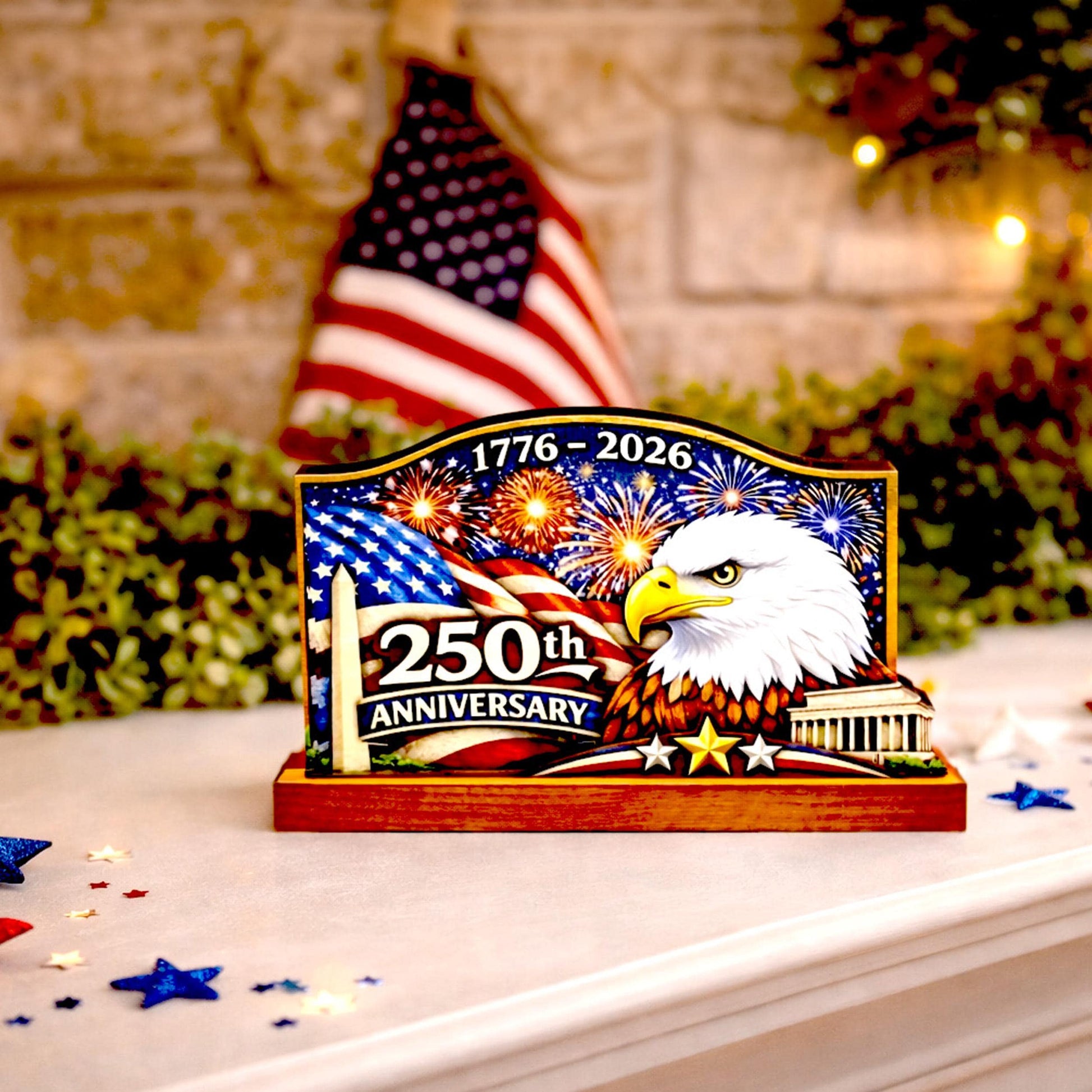 Personalized Patriotic Shelf Sitter, 250th Anniversary Decor, American Eagle Flag Decor, 1776-2026 USA Tabletop Decoration