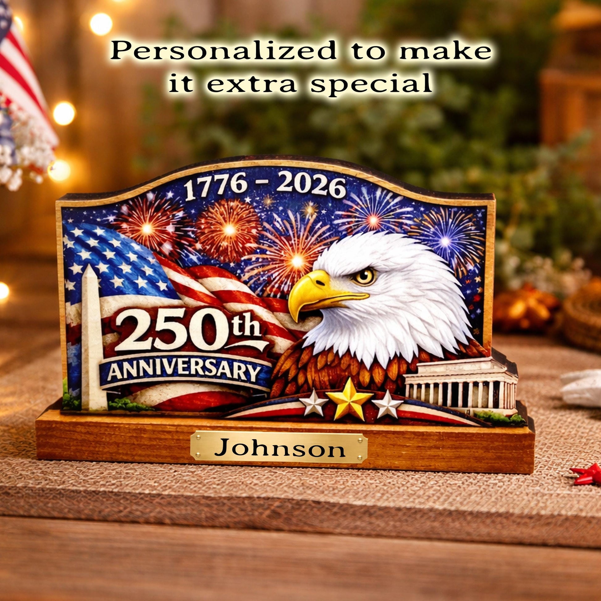 Personalized Patriotic Shelf Sitter, 250th Anniversary Decor, American Eagle Flag Decor, 1776-2026 USA Tabletop Decoration