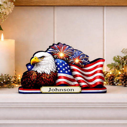 Personalized Patriotic Eagle Shelf Sitter, American Flag Table Decor, 4th of July Shelf Decor, Americana Firework Sign