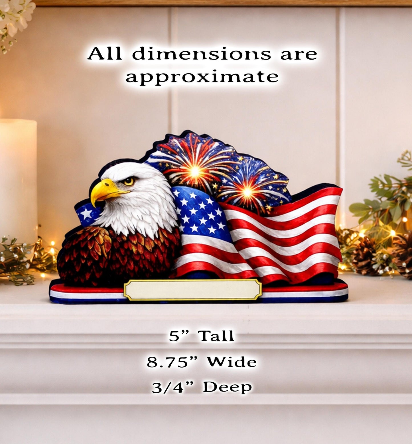 Personalized Patriotic Eagle Shelf Sitter, American Flag Table Decor, 4th of July Shelf Decor, Americana Firework Sign