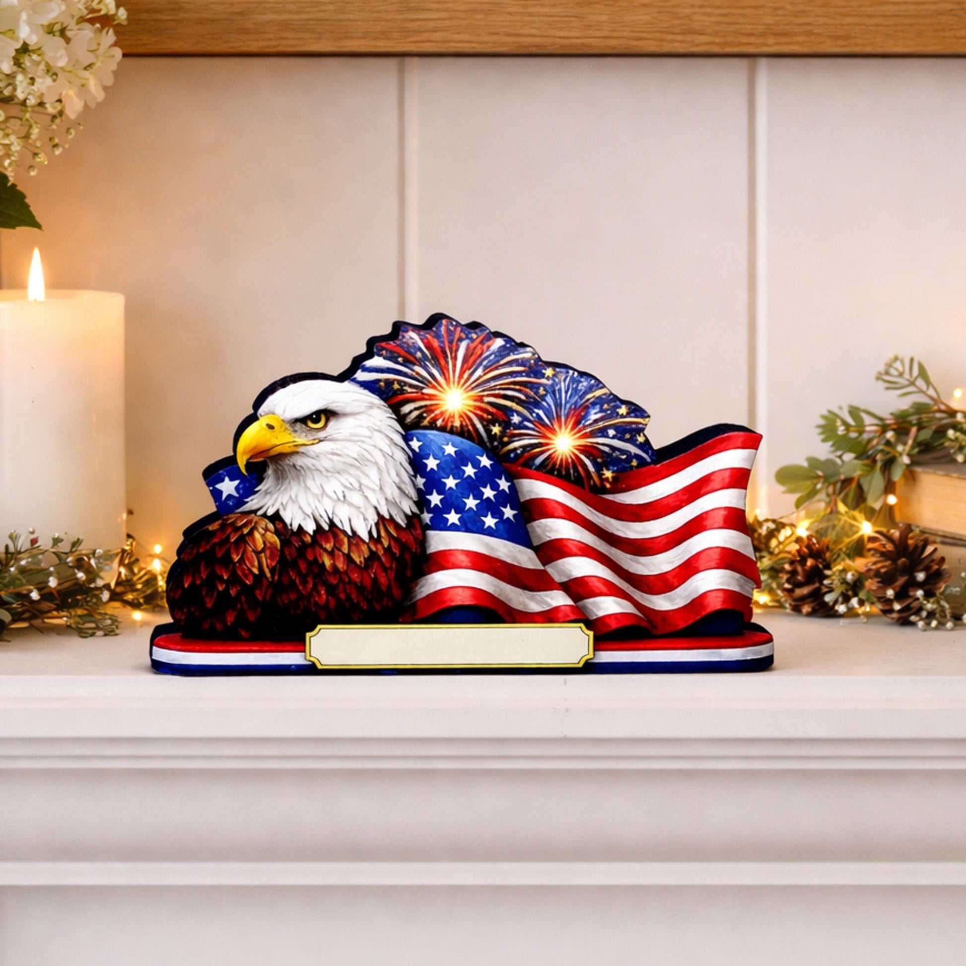 Personalized Patriotic Eagle Shelf Sitter, American Flag Table Decor, 4th of July Shelf Decor, Americana Firework Sign