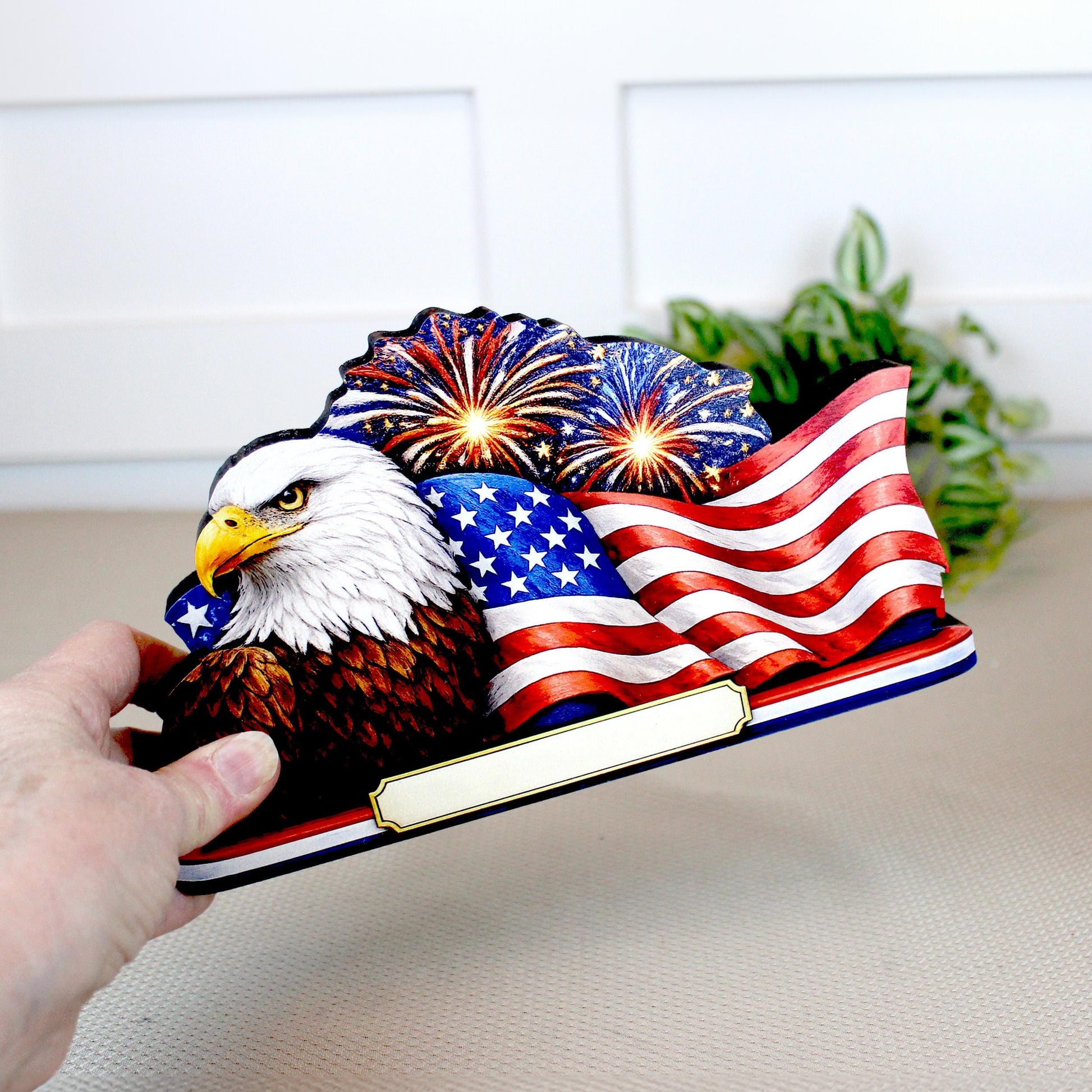 Personalized Patriotic Eagle Shelf Sitter, American Flag Table Decor, 4th of July Shelf Decor, Americana Firework Sign