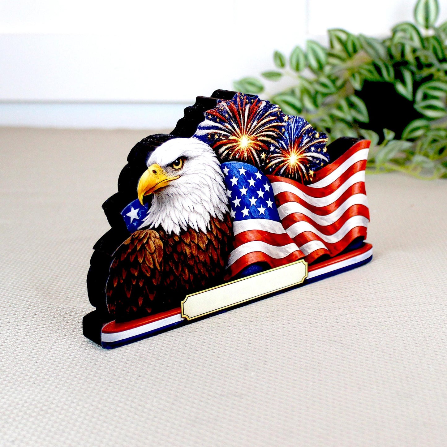 Personalized Patriotic Eagle Shelf Sitter, American Flag Table Decor, 4th of July Shelf Decor, Americana Firework Sign