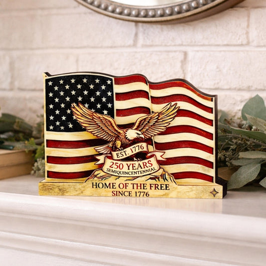 Personalized Patriotic Flag Shelf Sitter, Americana Eagle Decor, 250 Year America Keepsake, Home of the Free Tabletop Sign