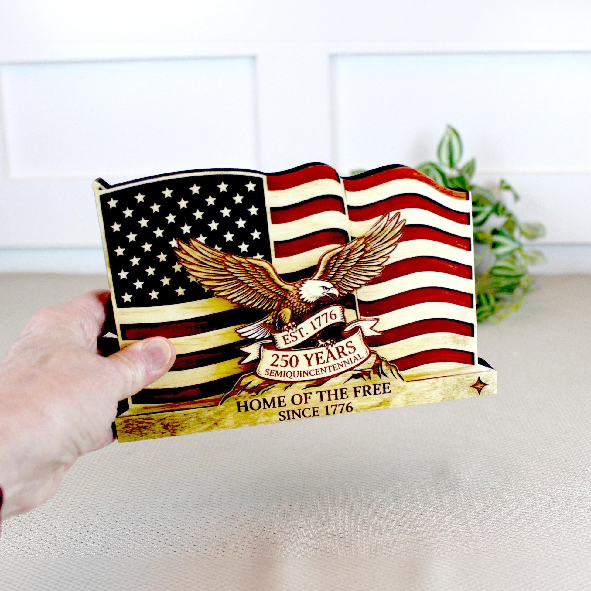 Personalized Patriotic Flag Shelf Sitter, Americana Eagle Decor, 250 Year America Keepsake, Home of the Free Tabletop Sign