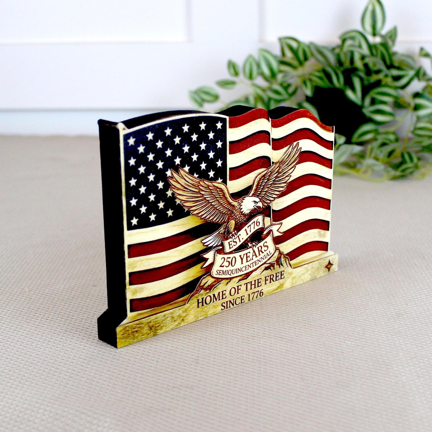Personalized Patriotic Flag Shelf Sitter, Americana Eagle Decor, 250 Year America Keepsake, Home of the Free Tabletop Sign