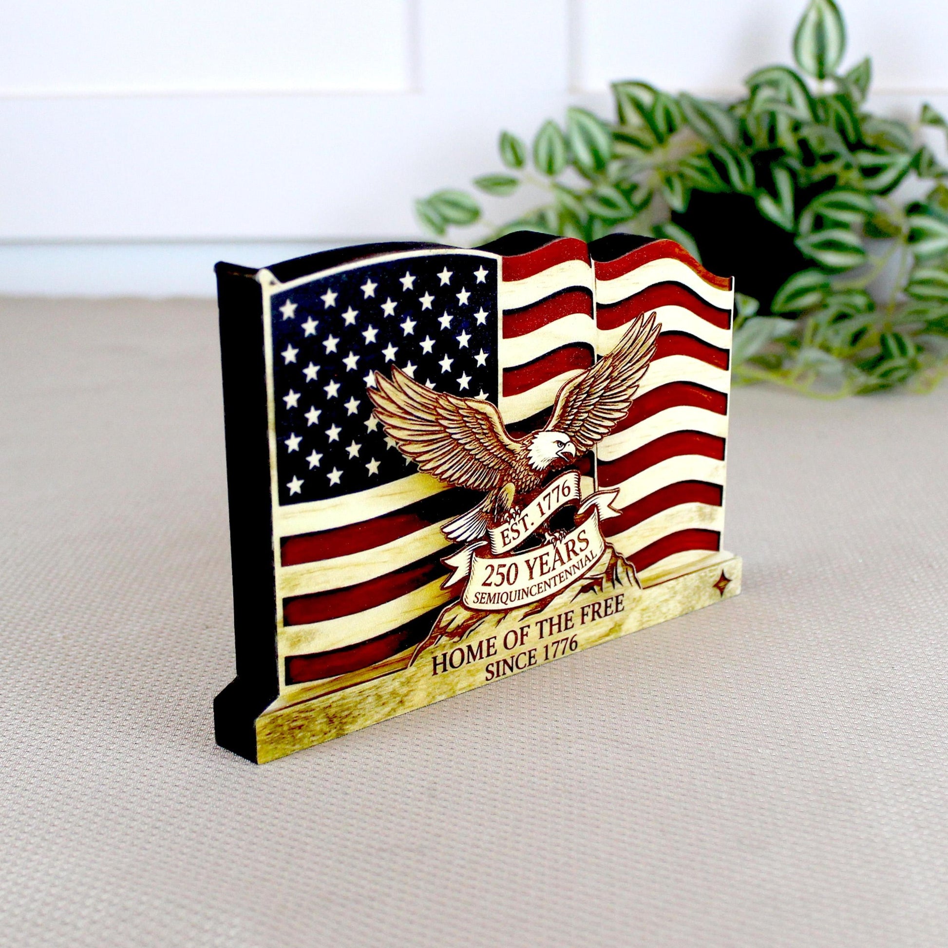Personalized Patriotic Flag Shelf Sitter, Americana Eagle Decor, 250 Year America Keepsake, Home of the Free Tabletop Sign