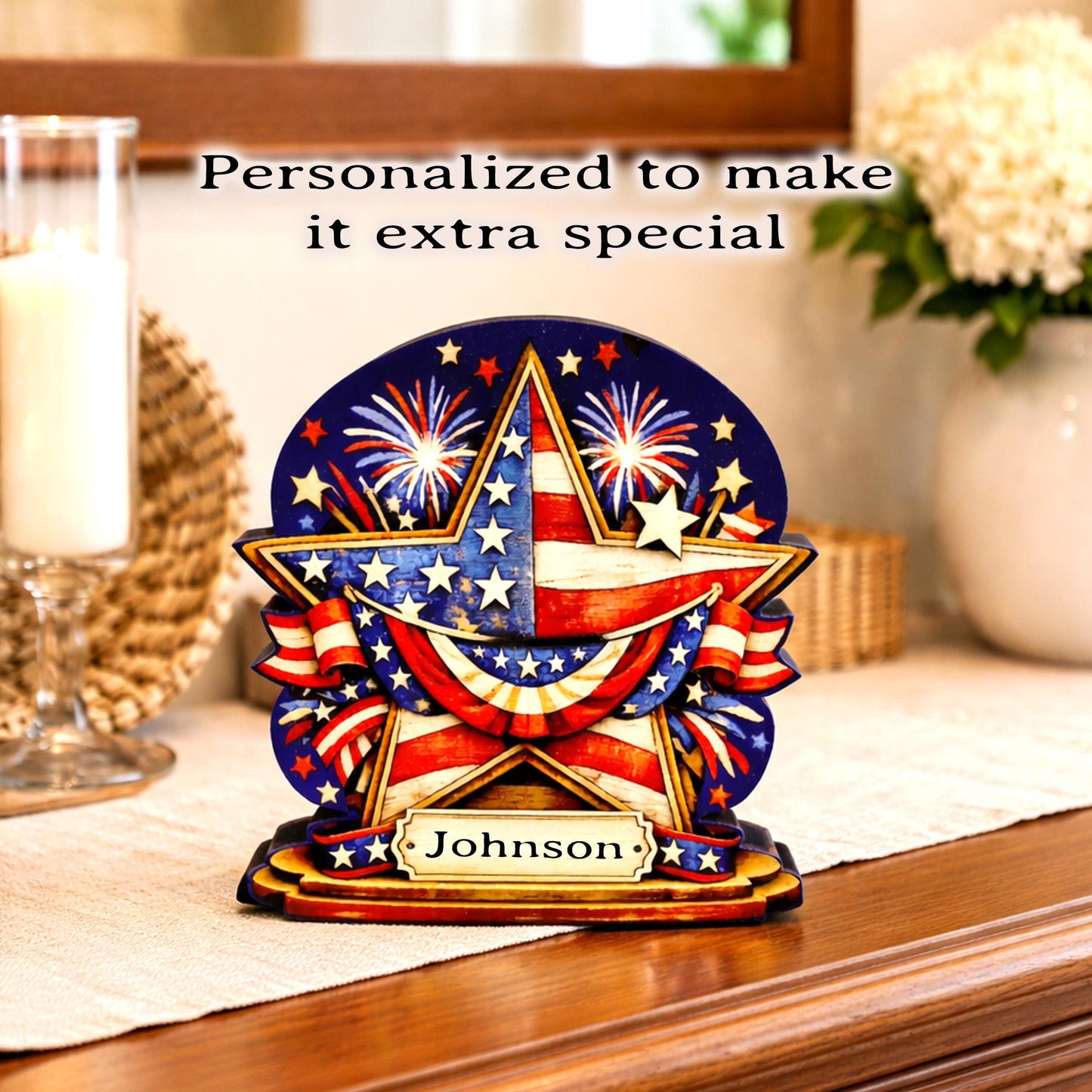 Personalized Patriotic Star Shelf Sitter, Americana Table Decor, 4th of July Decoration, Firework Shelf Sign, Independence Day Decoration