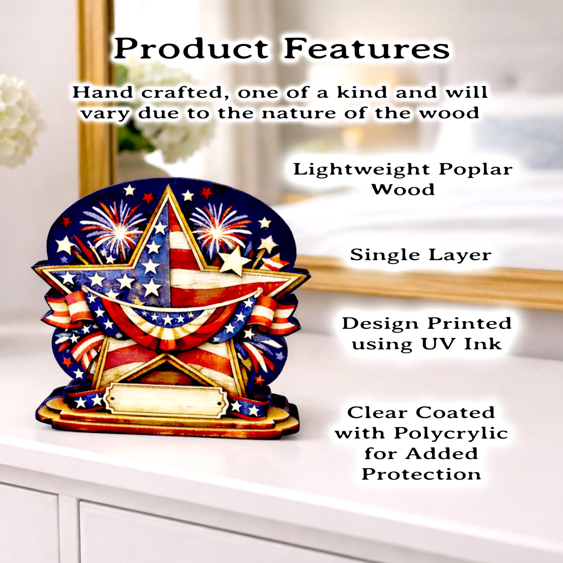 Personalized Patriotic Star Shelf Sitter, Americana Table Decor, 4th of July Decoration, Firework Shelf Sign, Independence Day Decoration