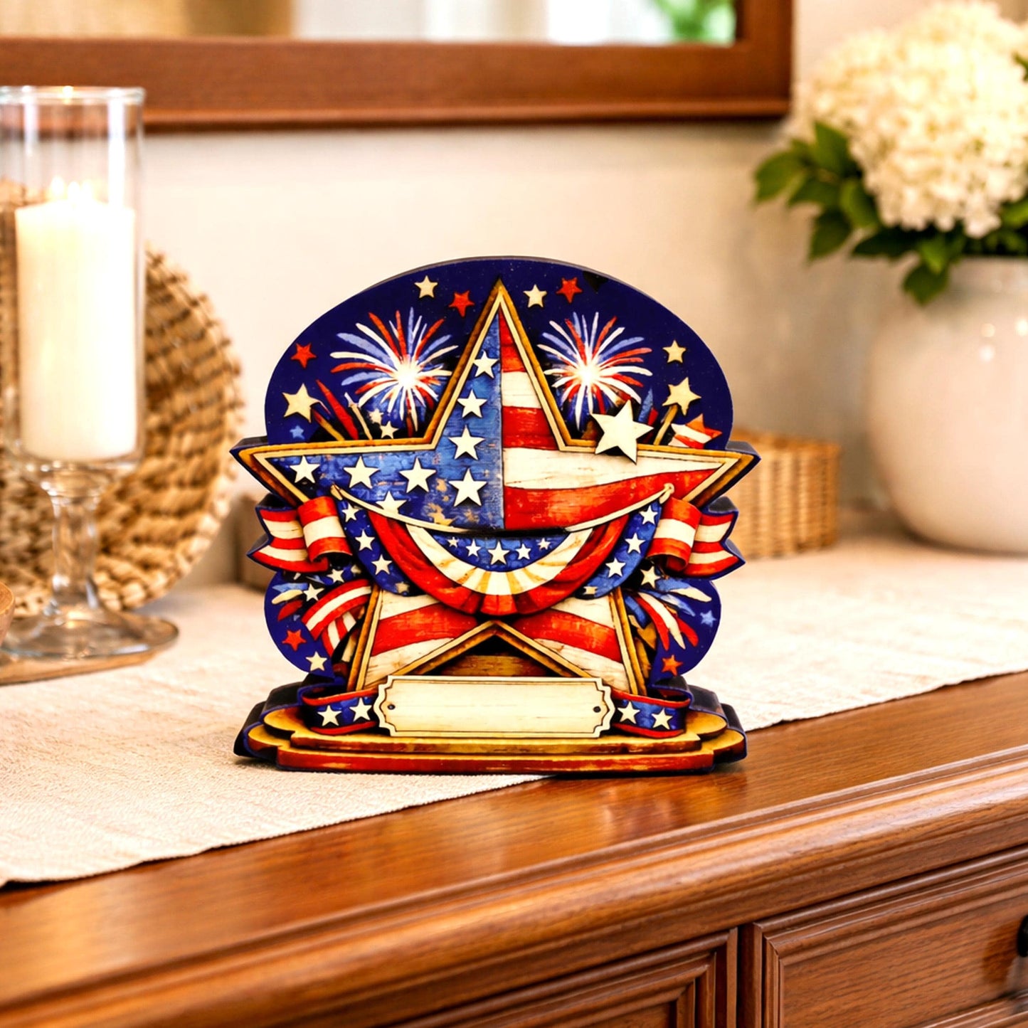 Personalized Patriotic Star Shelf Sitter, Americana Table Decor, 4th of July Decoration, Firework Shelf Sign, Independence Day Decoration