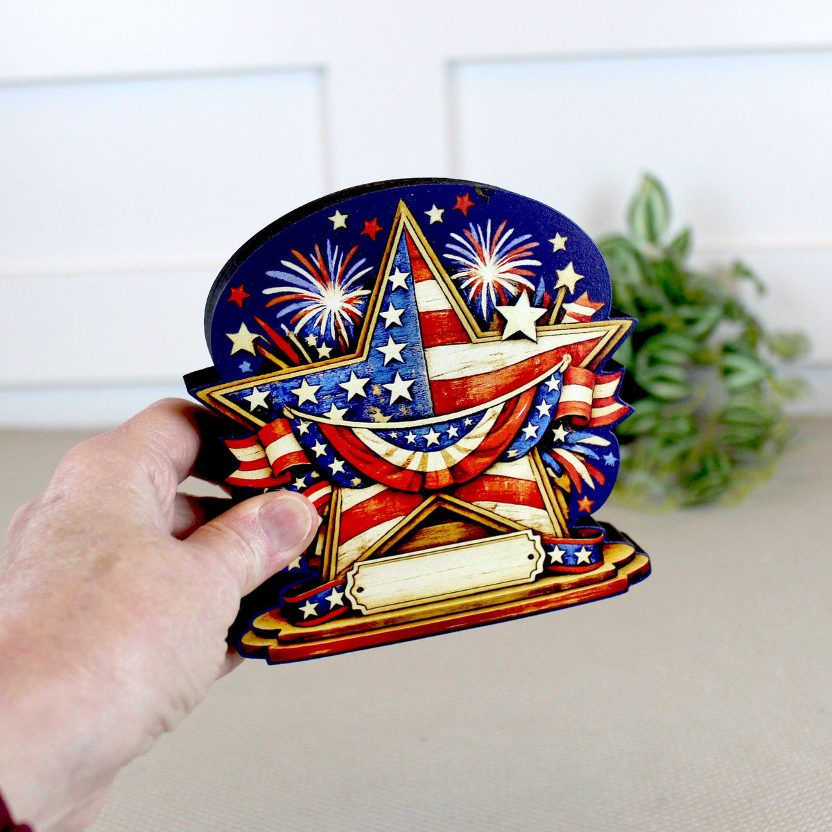Personalized Patriotic Star Shelf Sitter, Americana Table Decor, 4th of July Decoration, Firework Shelf Sign, Independence Day Decoration